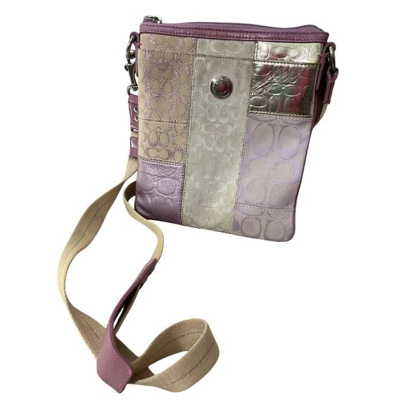 Coach Signature Patchwork Swingpack Lavender Silver Crossbody - Picture 1 of 8